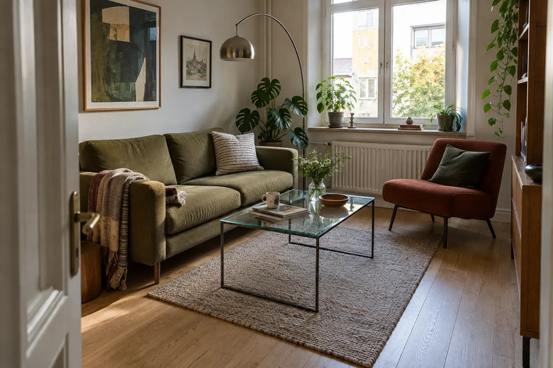 Mažos svetainės interjeras su kompaktiška žalia sofa, stikliniu staliuku ir laisvu praėjimu