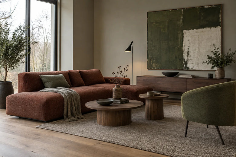 Modernus svetainės interjeras su plytų spalvos sofa, alyvuogių foteliu ir riešutmedžio staliukais