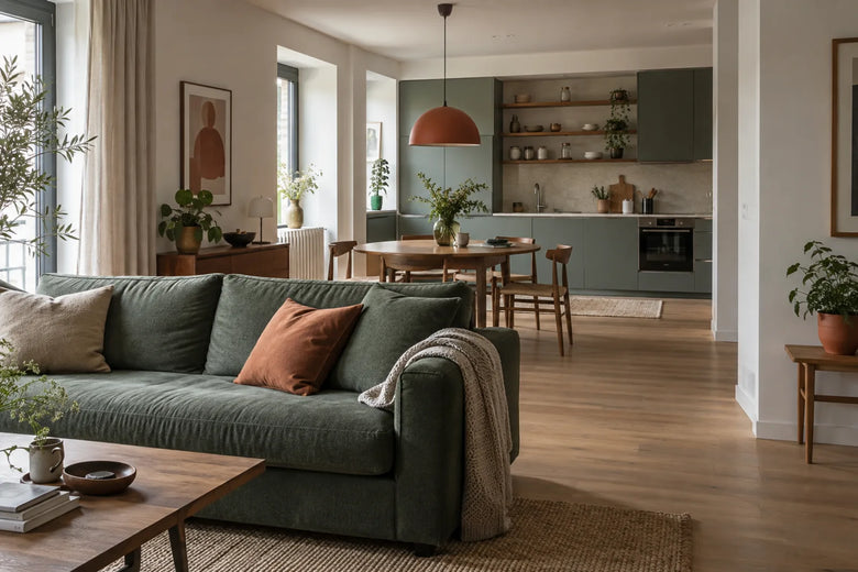 Virtuvė ir svetainė kartu su žalia sofa, apvaliu valgomojo stalu ir aiškiomis zonomis
