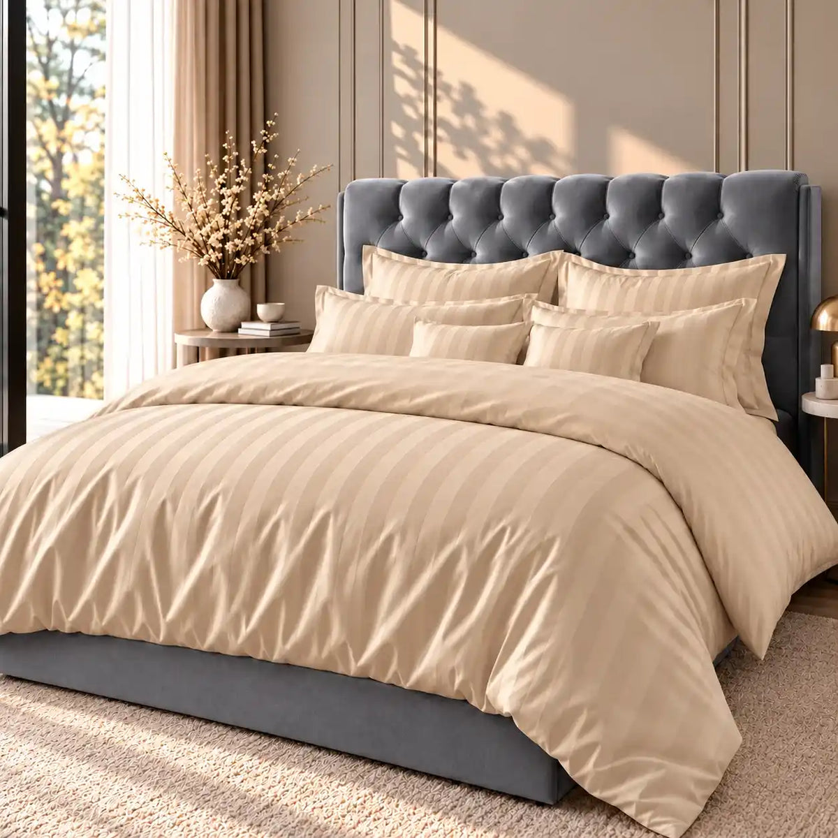 Smėlinė dryžuota Bamboo Stripe patalynė ant lovos